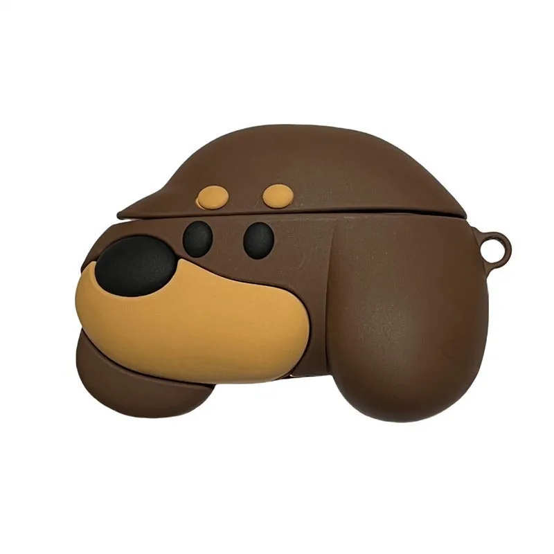 Brown puppy silicone earphone case on AirPods charging case with embossed cartoon design