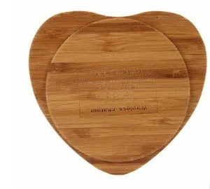 Natural heart shape bamboo wireless charger pad with Love style design and USB cable