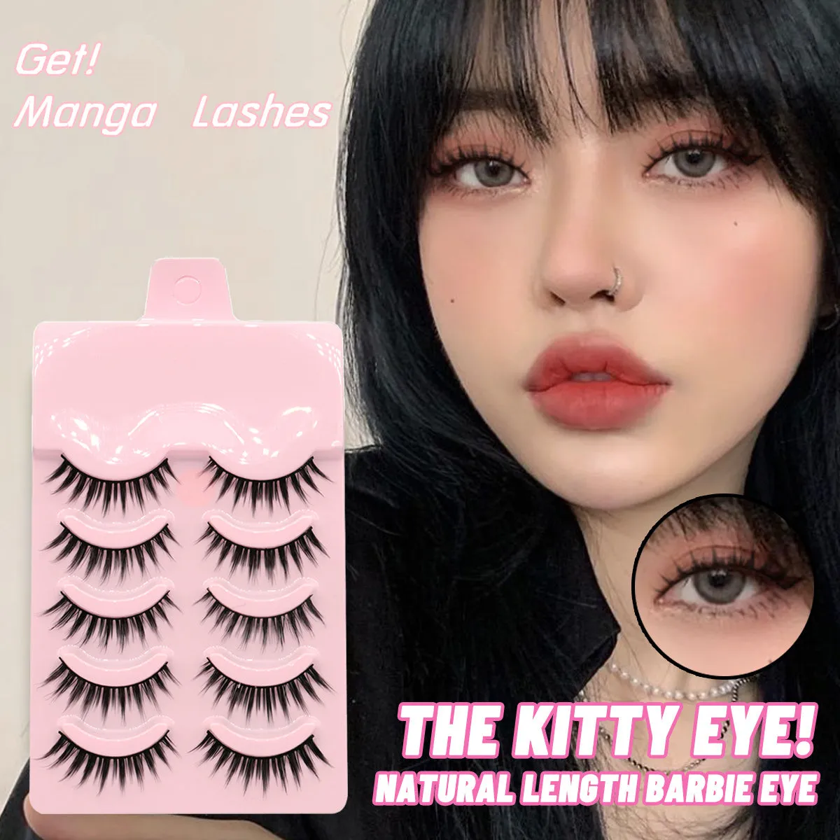 Set of manga style false eyelashes showing three wispy designs on a plastic black terrier base.