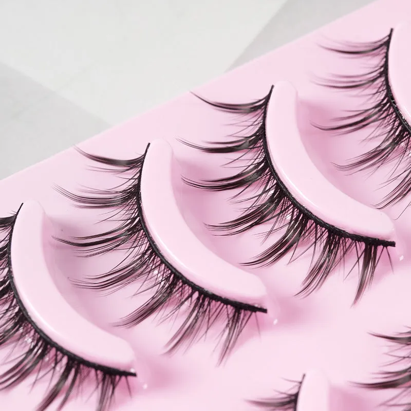 Set of manga style false eyelashes showing three wispy designs on a plastic black terrier base.