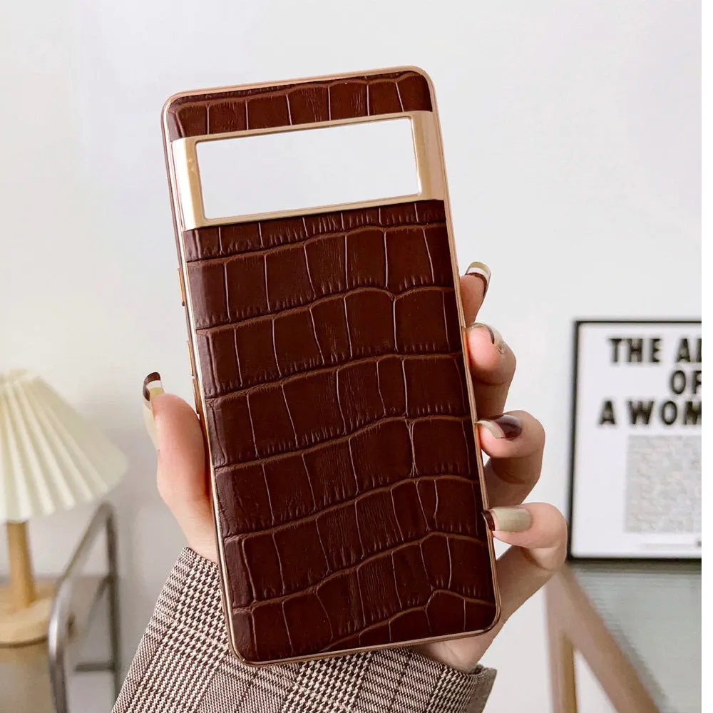 Genuine leather phone case for Google Pixel 6-7 Pro in black colour with electroplating finish