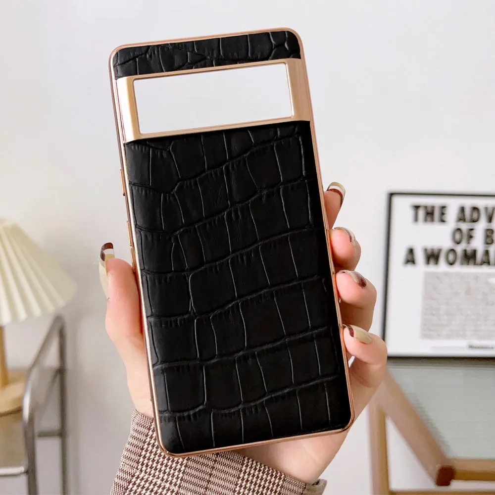 Genuine leather phone case for Google Pixel 6-7 Pro in black colour with electroplating finish