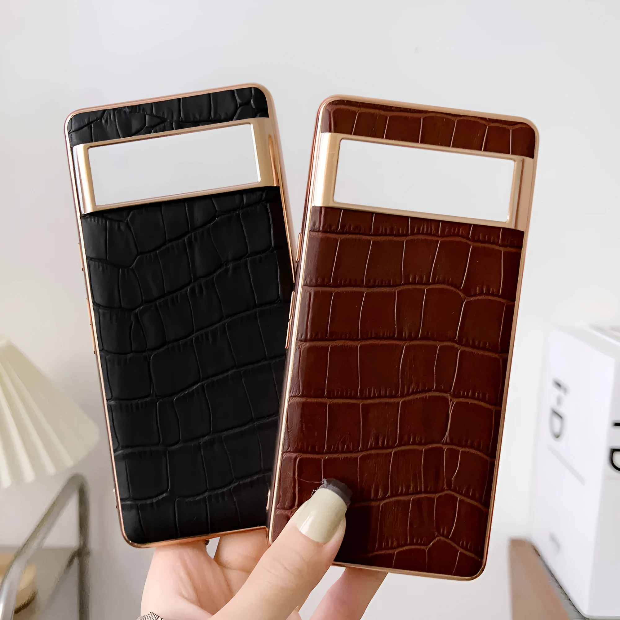 Genuine leather phone case for Google Pixel 6-7 Pro in black colour with electroplating finish