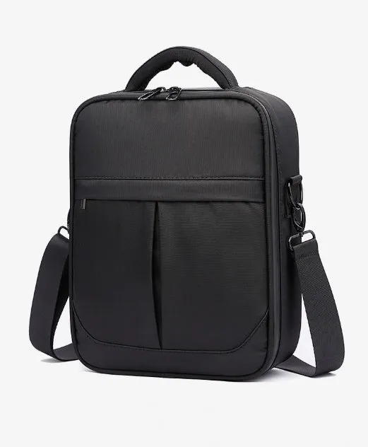 Black Oxford fabric men's messenger shoulder bag showing dimensions and texture