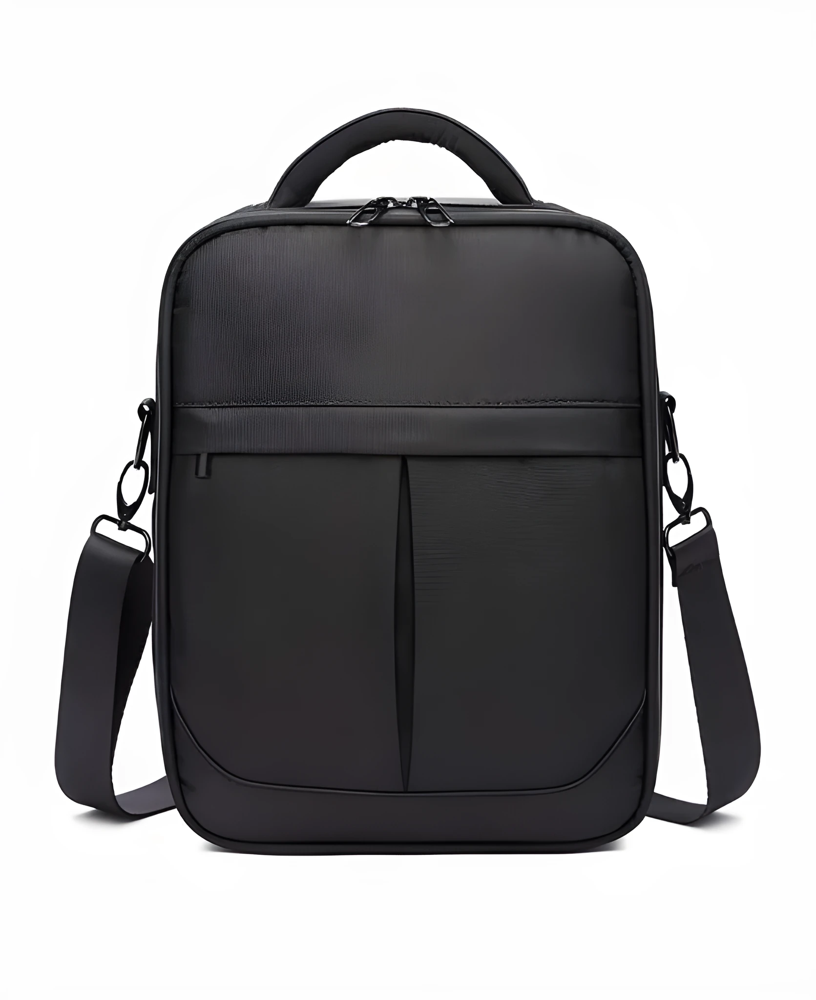 Black Oxford fabric men's messenger shoulder bag showing dimensions and texture