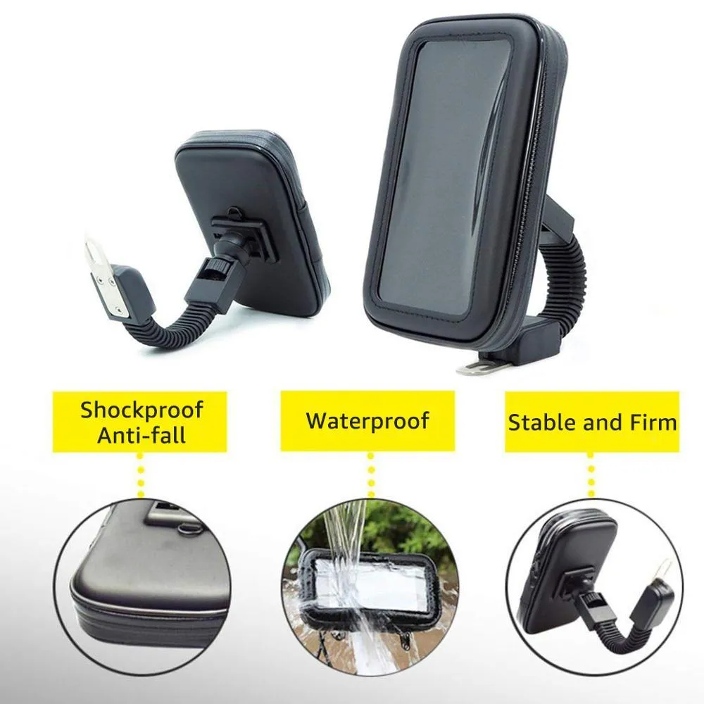 Waterproof bicycle phone holder mounted on handlebars with transparent touch screen window, three size options for 4.7 to 6.3 inch smartphones