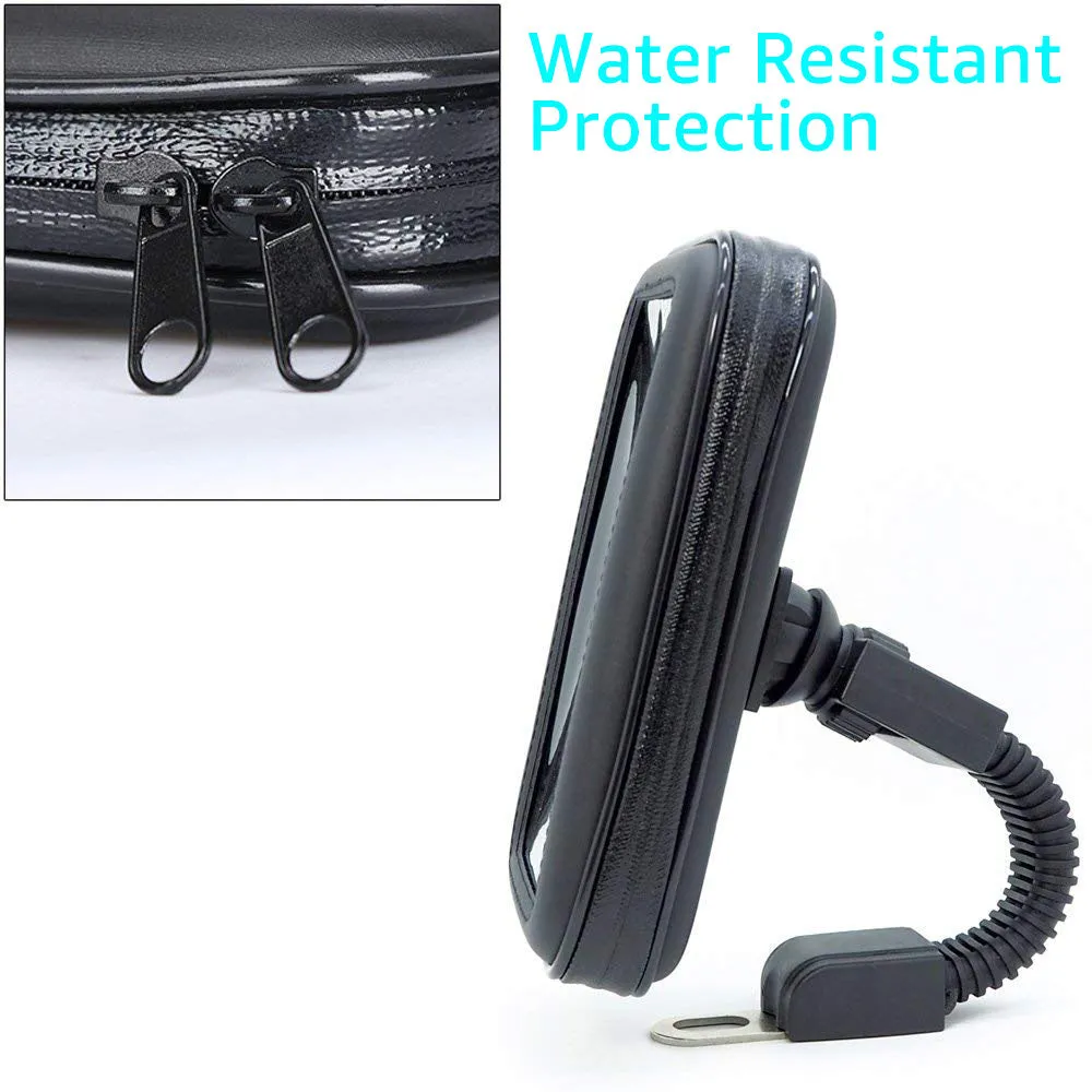 Waterproof bicycle phone holder mounted on handlebars with transparent touch screen window, three size options for 4.7 to 6.3 inch smartphones