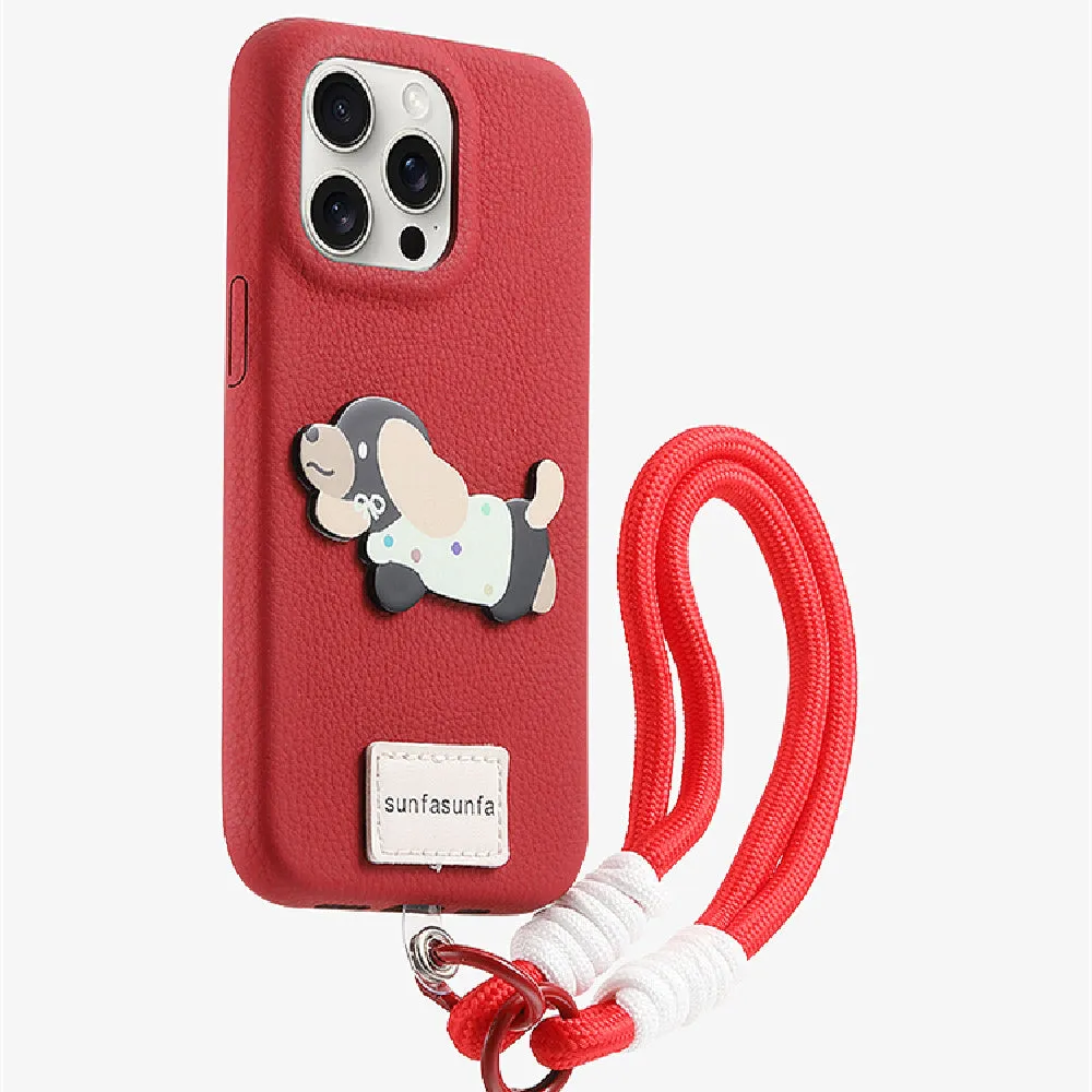 Silicone anti drop phone case with lanyard and polka dot dog design for Apple iPhone