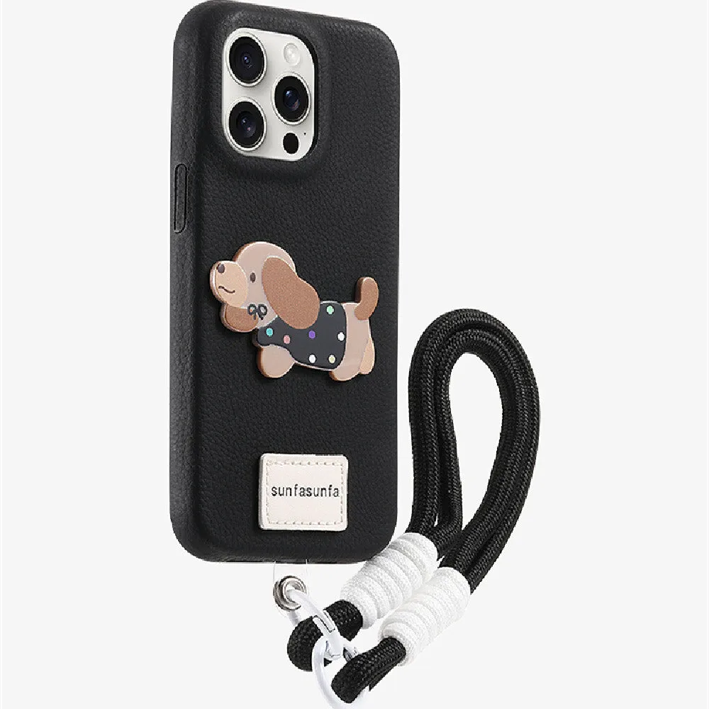 Silicone anti drop phone case with lanyard and polka dot dog design for Apple iPhone