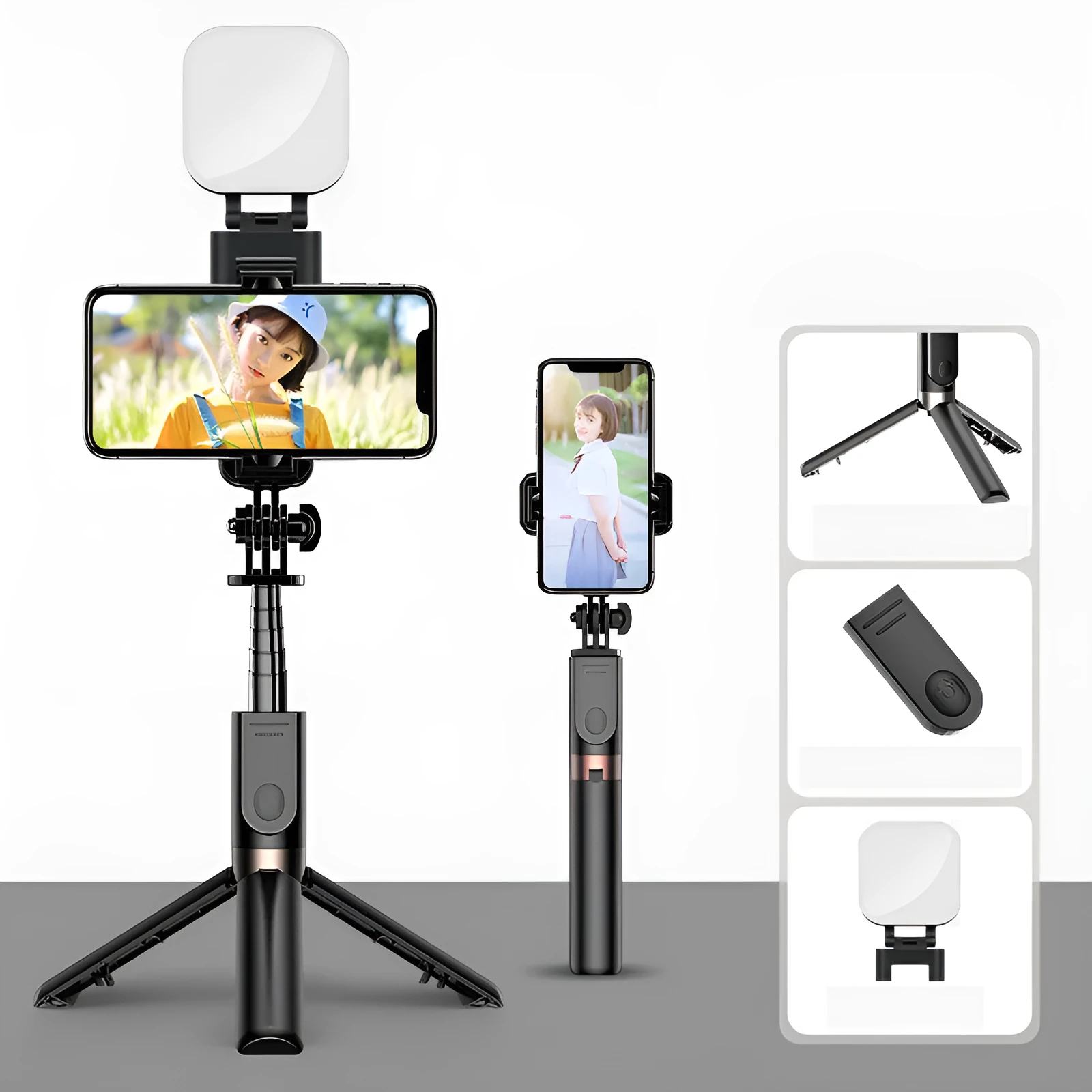 Desktop stand made of thickened aluminum alloy with Bluetooth remote control, folding design, available in black