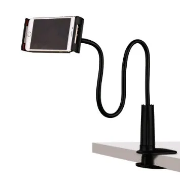 Black bedside oversize phone stand with a long adjustable arm on a wooden table.