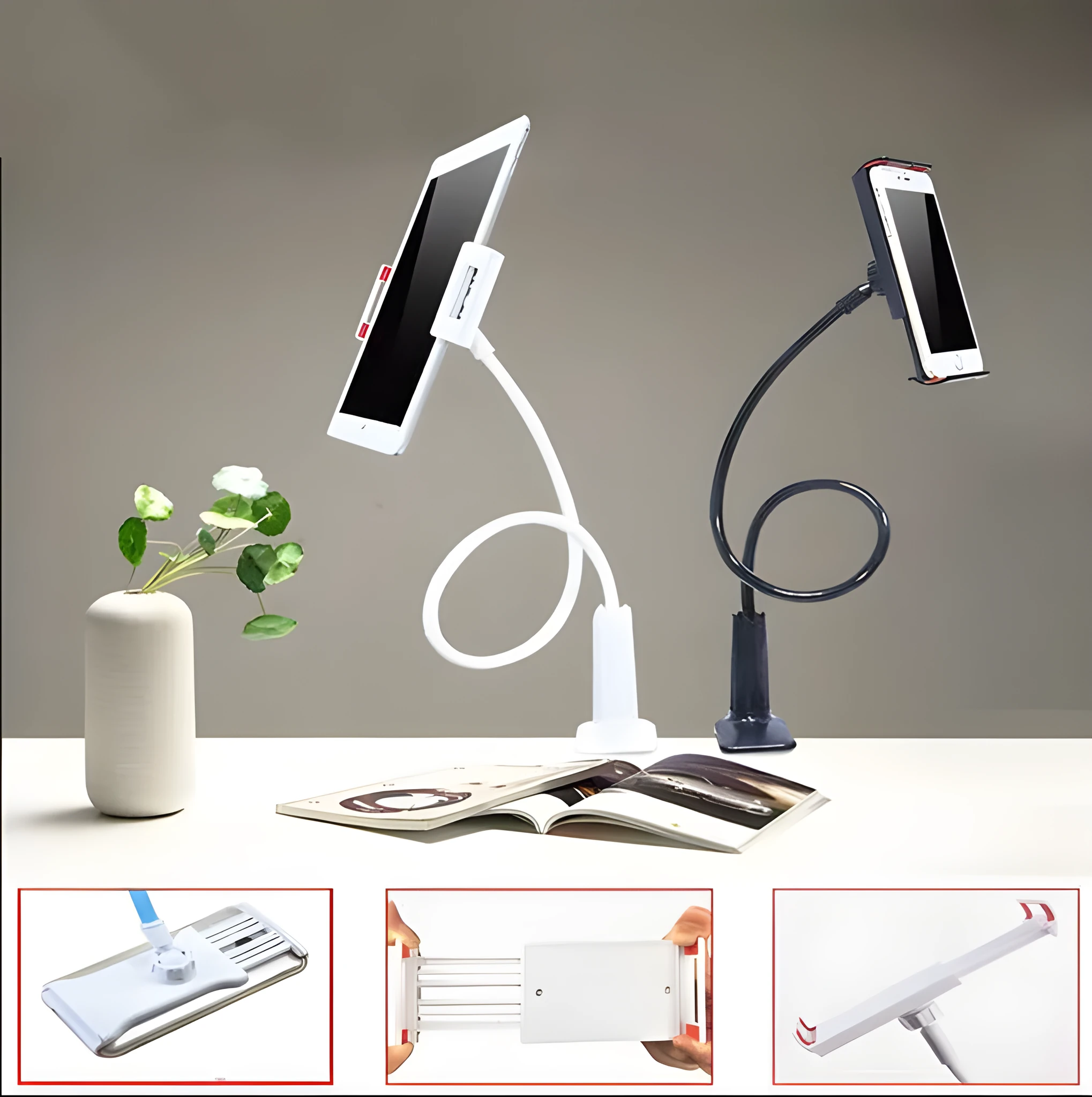 Black bedside oversize phone stand with a long adjustable arm on a wooden table.