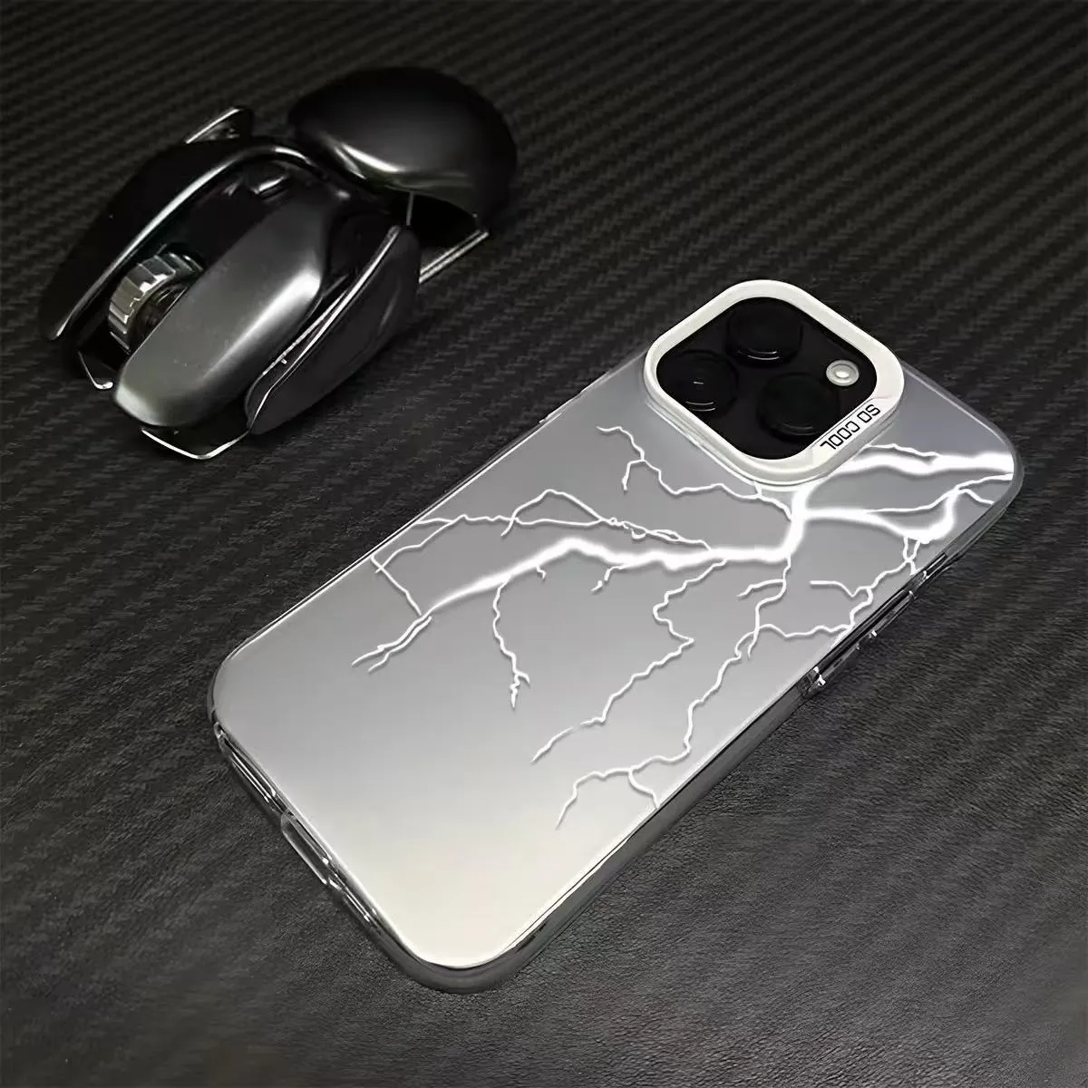 Silver Lightning hard PC frosted phone case in Black for iPhone, with laser stereo pattern and cutouts for camera and ports