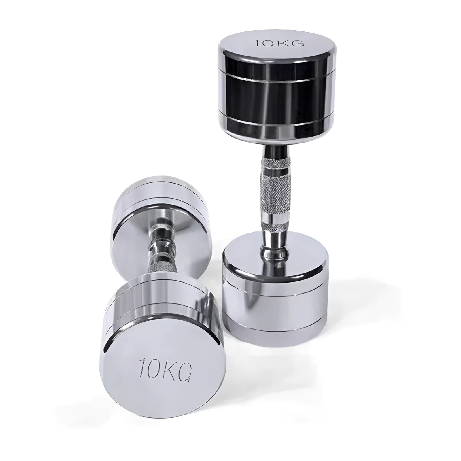 Silver pure steel dumbbell with textured ergonomic handle on a grey background.