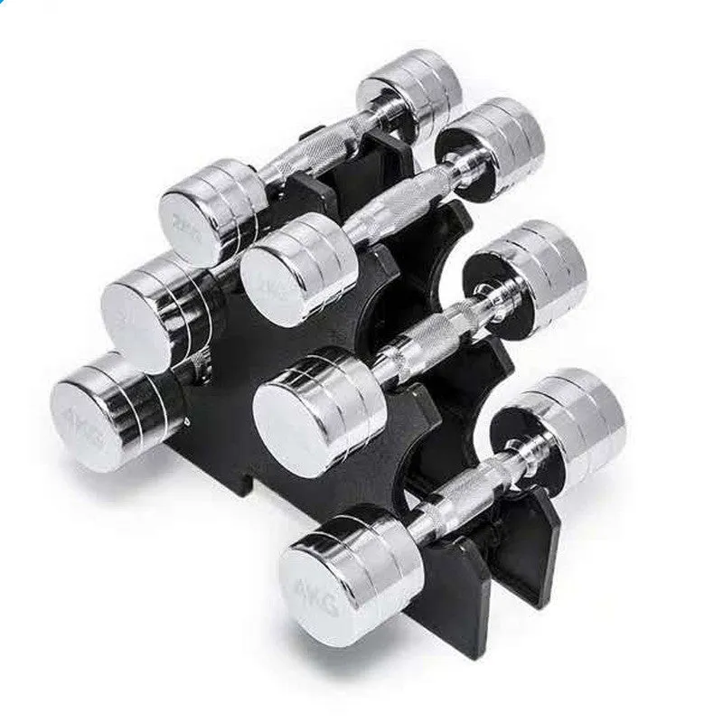 Silver pure steel dumbbell with textured ergonomic handle on a grey background.