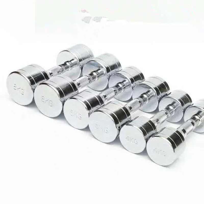 Silver pure steel dumbbell with textured ergonomic handle on a grey background.