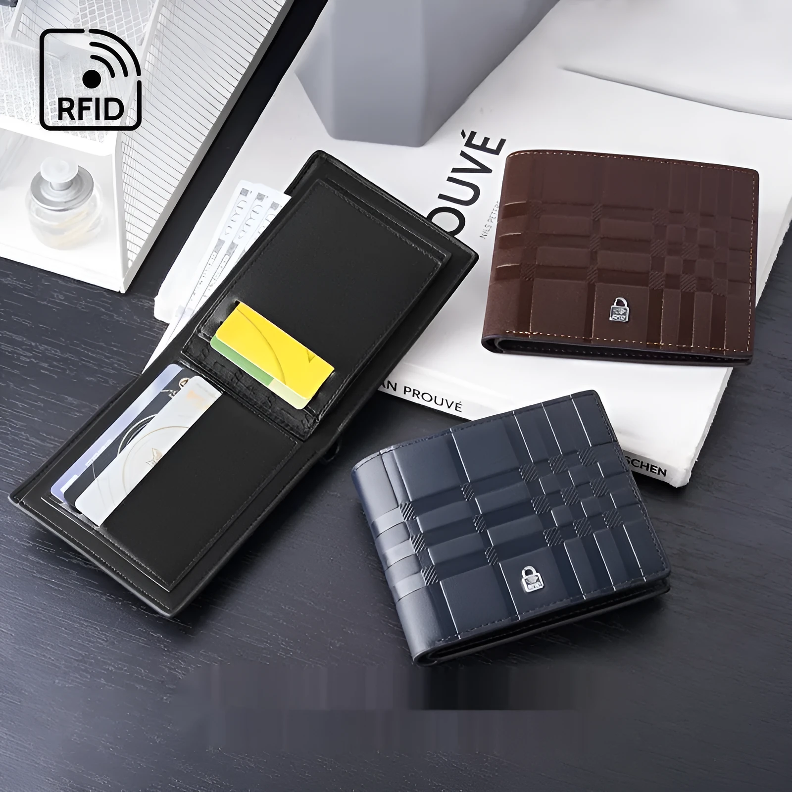 Men's short PU wallet with multiple card slots, striped pattern, and lock closure in Black Box colour