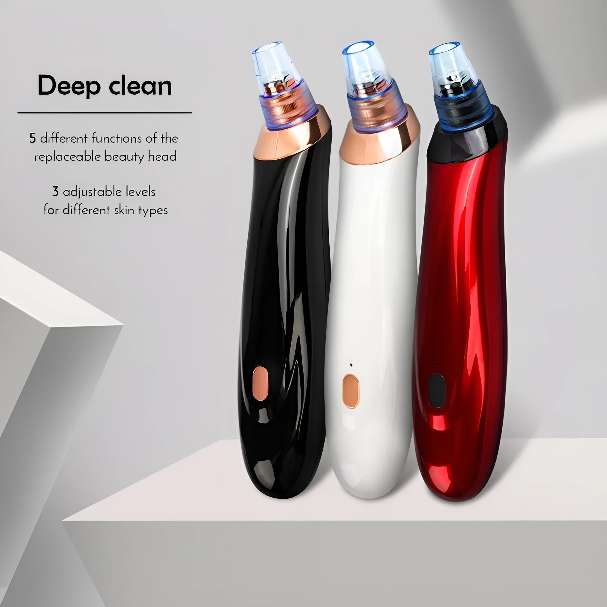 Electric blackhead remover pore cleaner with five nozzle attachments in handheld design