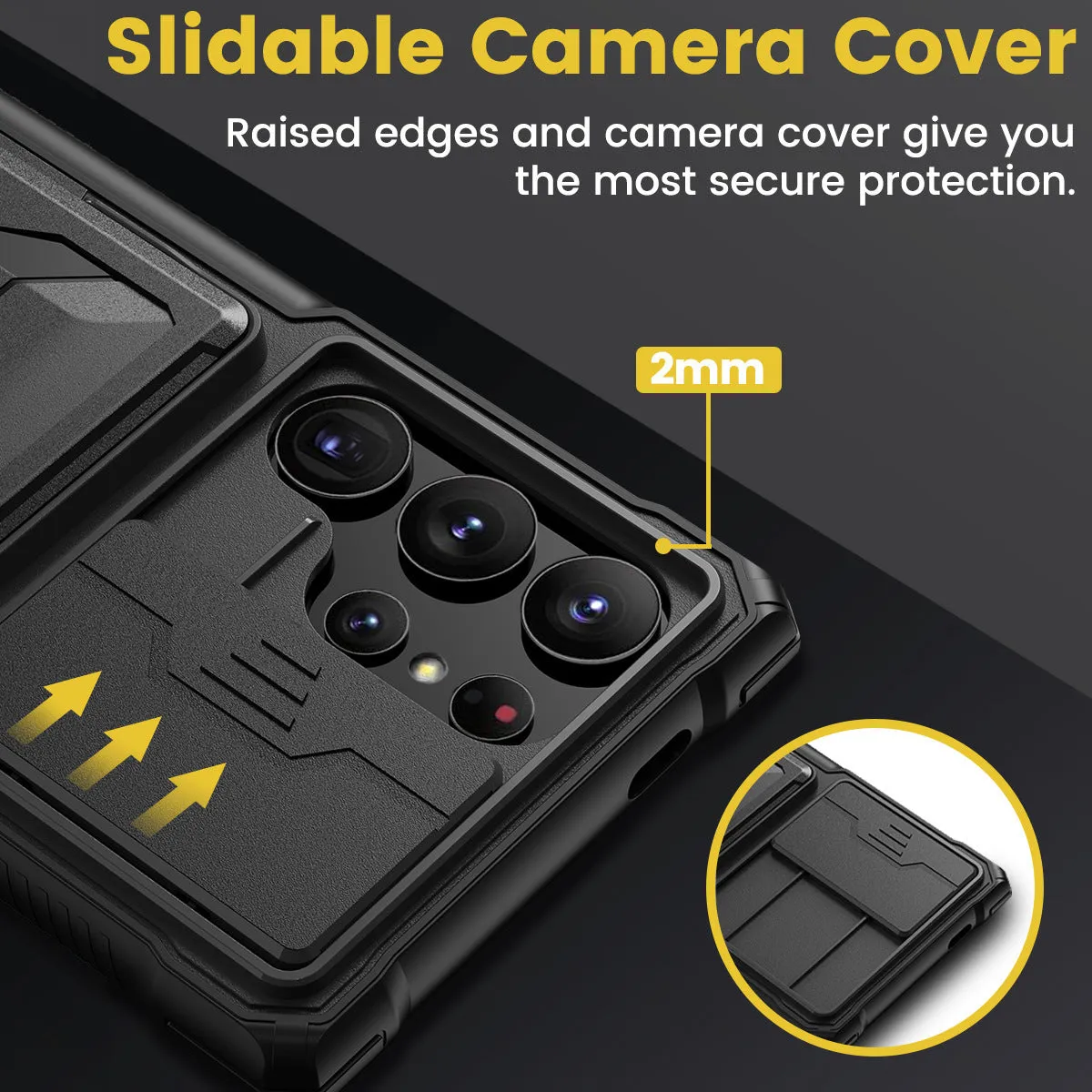 Black S24 Ultra phone case with card holder and sliding bracket