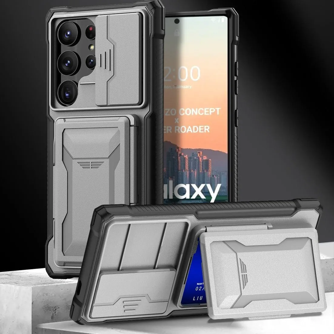 Black S24 Ultra phone case with card holder and sliding bracket