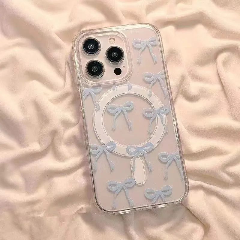 Bow print acrylic mobile phone case with magnetic suction, blue paste bowknot, compatible with iPhone