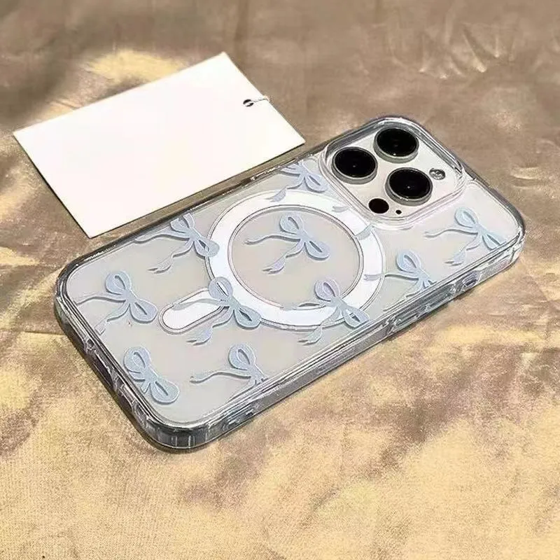 Bow print acrylic mobile phone case with magnetic suction, blue paste bowknot, compatible with iPhone