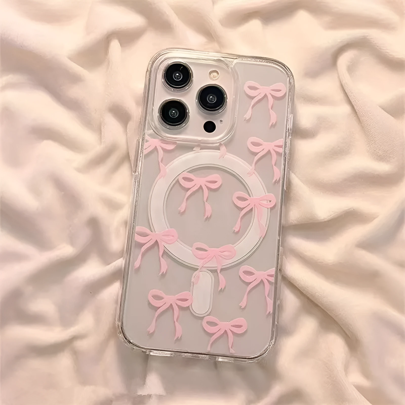 Bow print acrylic mobile phone case with magnetic suction, blue paste bowknot, compatible with iPhone