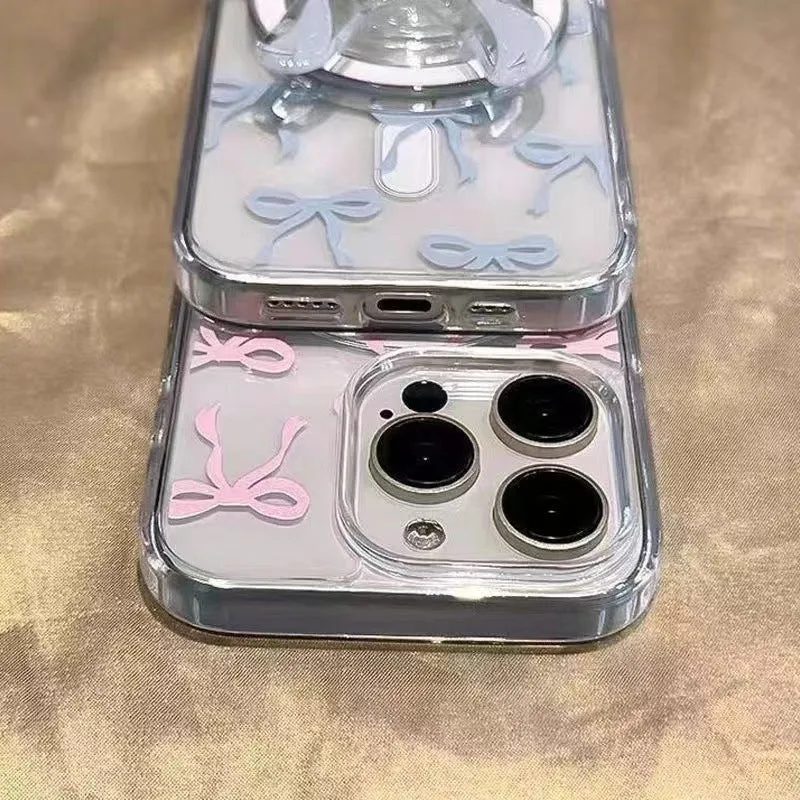 Bow print acrylic mobile phone case with magnetic suction, blue paste bowknot, compatible with iPhone