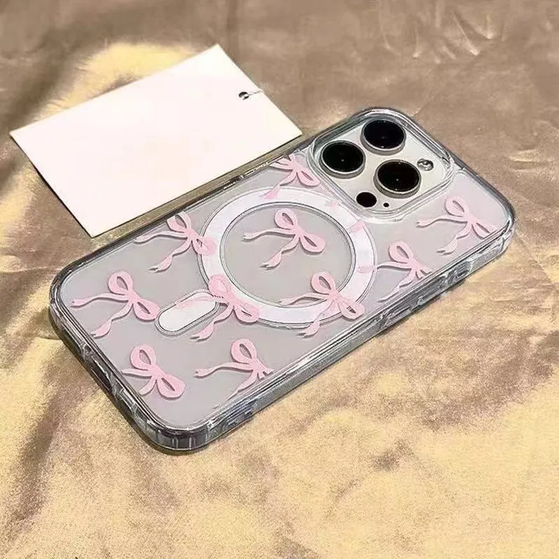 Bow print acrylic mobile phone case with magnetic suction, blue paste bowknot, compatible with iPhone
