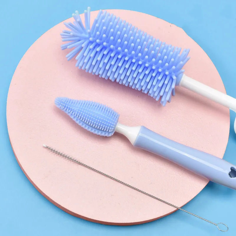 Silicone baby bottle cleaning brush set with straw cleaner in assorted colours