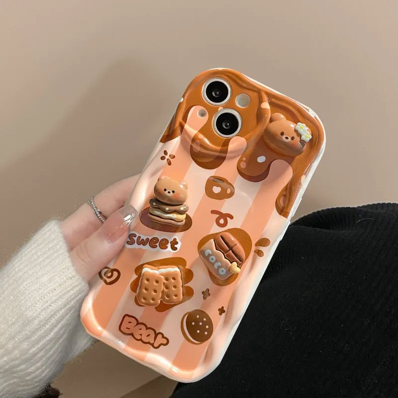 Cream pattern silicone phone case with chocolate doll lanyard for Apple iPhone anti-fall protection