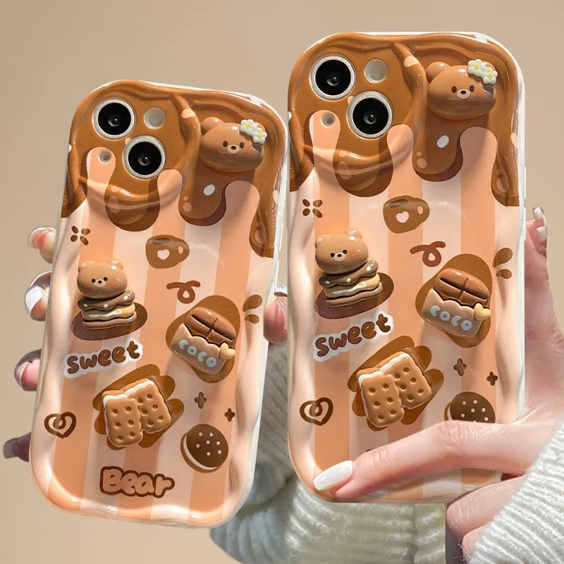 Cream pattern silicone phone case with chocolate doll lanyard for Apple iPhone anti-fall protection