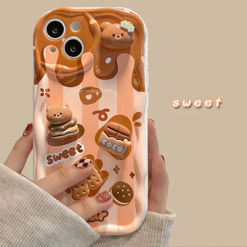 Cream pattern silicone phone case with chocolate doll lanyard for Apple iPhone anti-fall protection