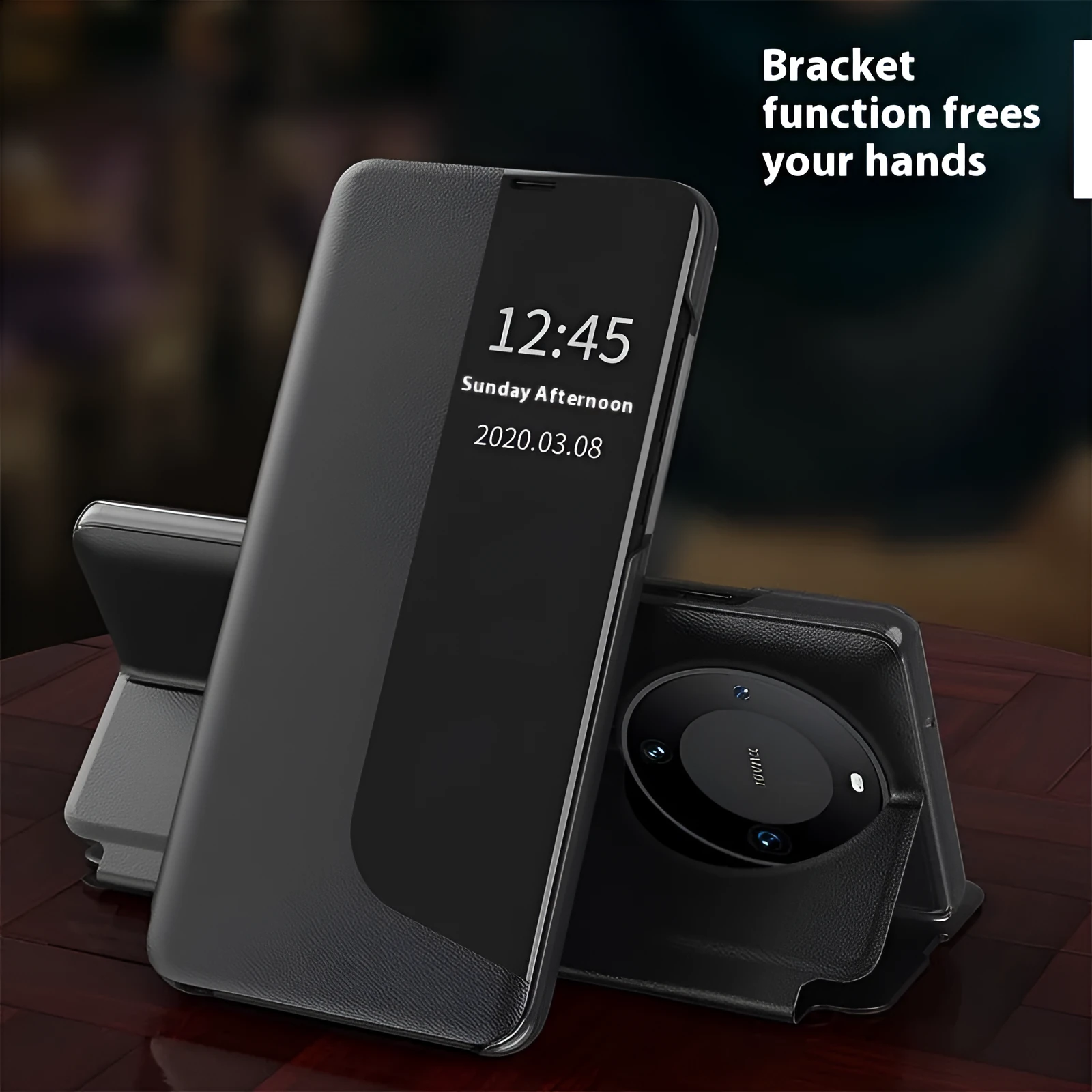 Side window magnetic light flip bracket phone case for Huawei P30 in Still Night Black colour, PC leather finish