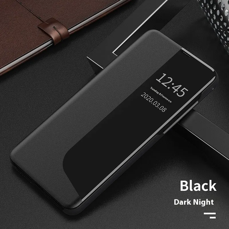 Side window magnetic light flip bracket phone case for Huawei P30 in Still Night Black colour, PC leather finish