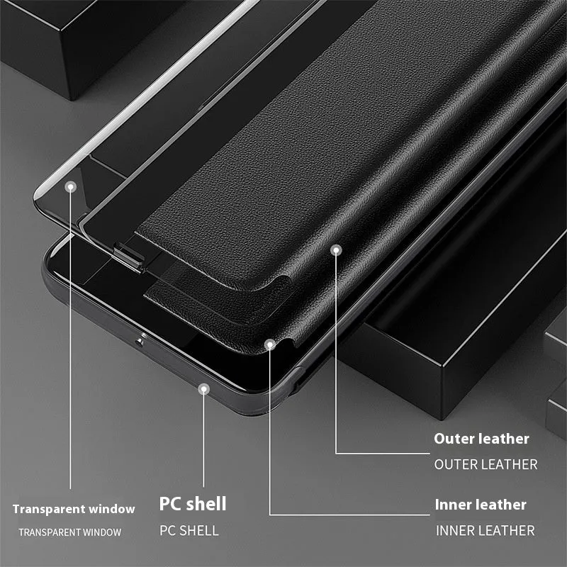Side window magnetic light flip bracket phone case for Huawei P30 in Still Night Black colour, PC leather finish