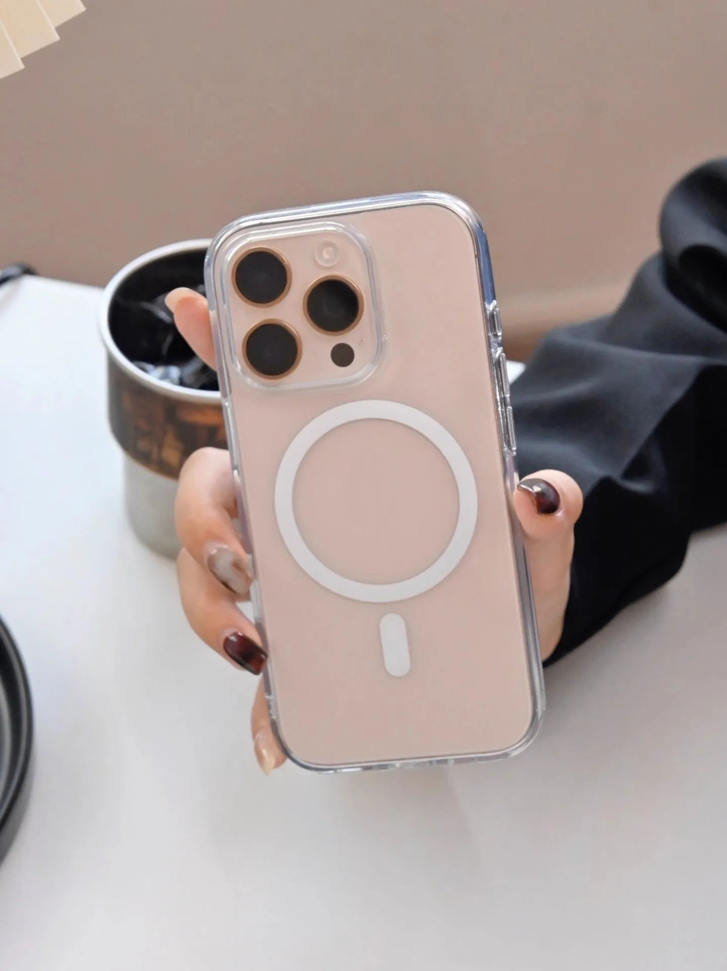 Transparent magnetic phone case with photo capacitor button for iPhone 16 series, back cover view