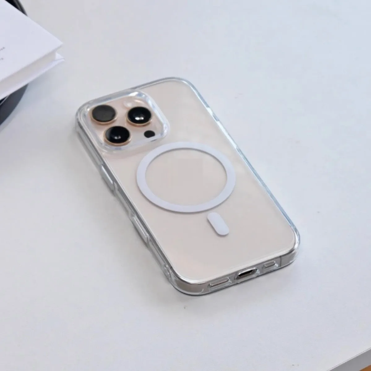 Transparent magnetic phone case with photo capacitor button for iPhone 16 series, back cover view