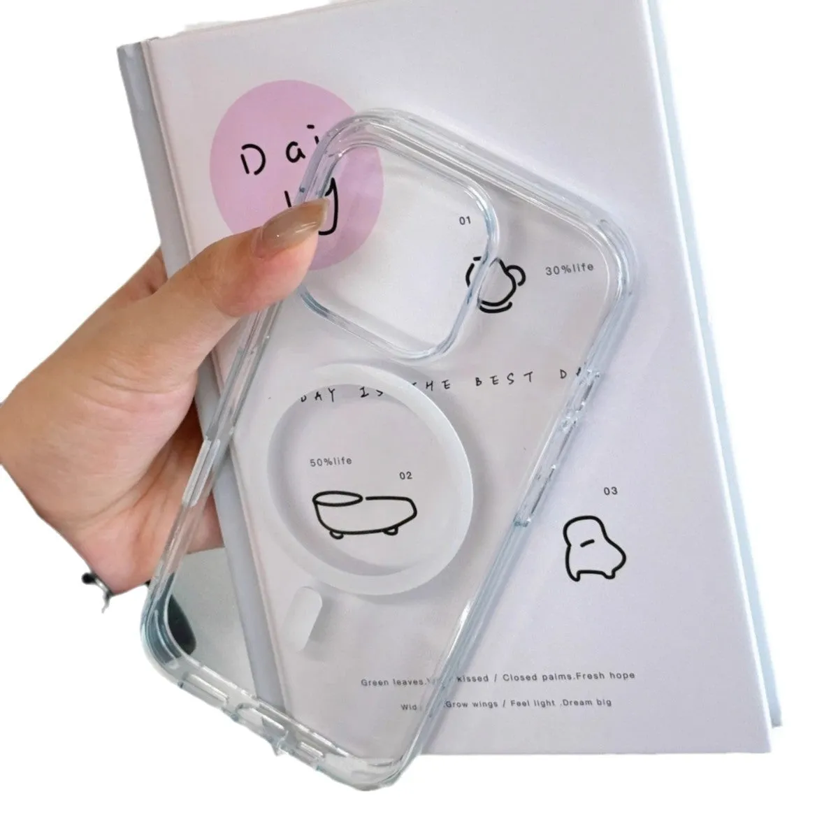 Transparent magnetic phone case with photo capacitor button for iPhone 16 series, back cover view