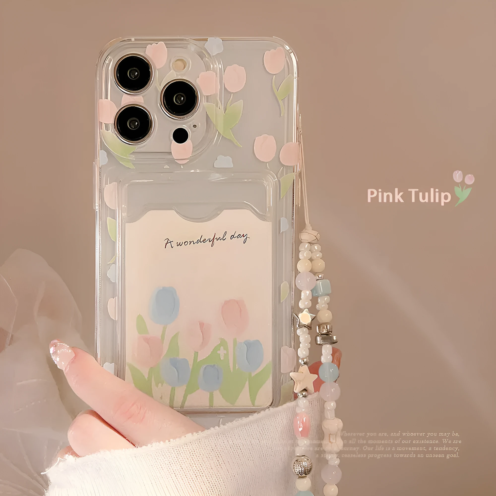 Tulip flower card holder transparent phone case TPU soft shell for iPhone with painted tulip design and ocean star beaded option