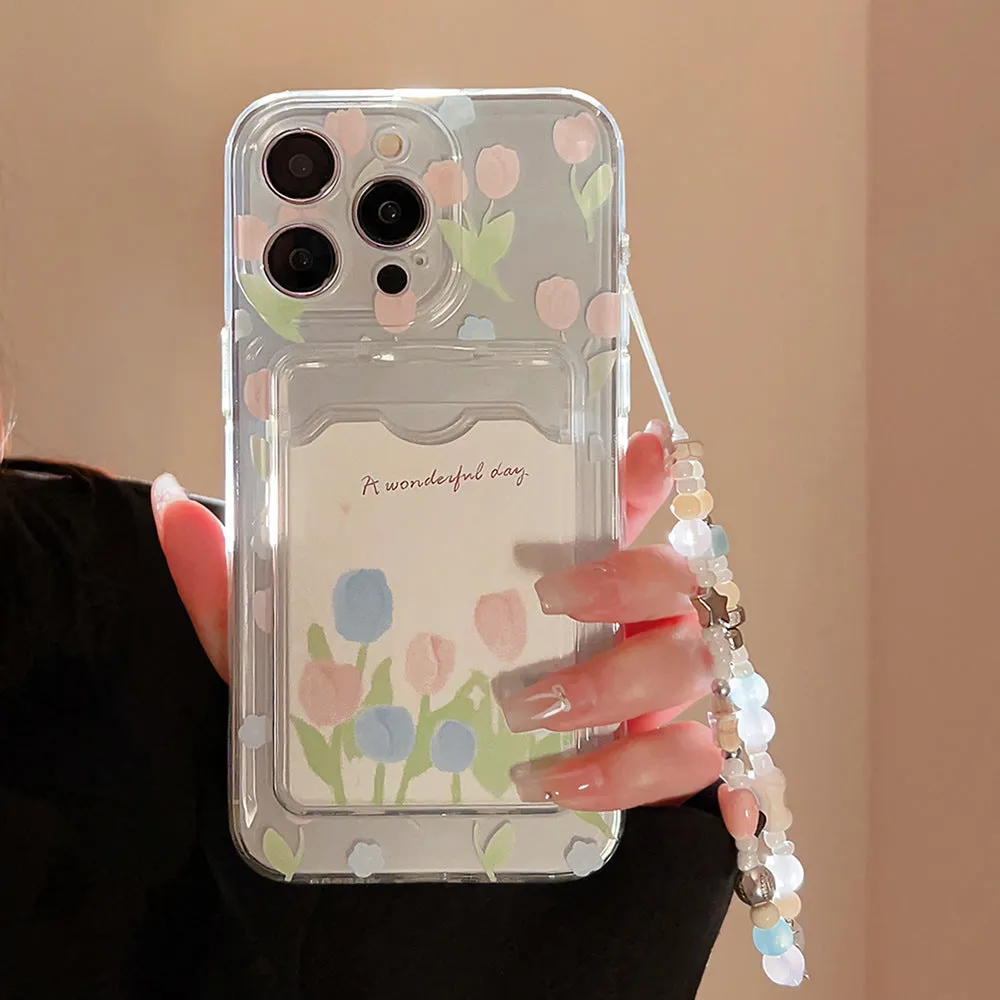 Tulip flower card holder transparent phone case TPU soft shell for iPhone with painted tulip design and ocean star beaded option