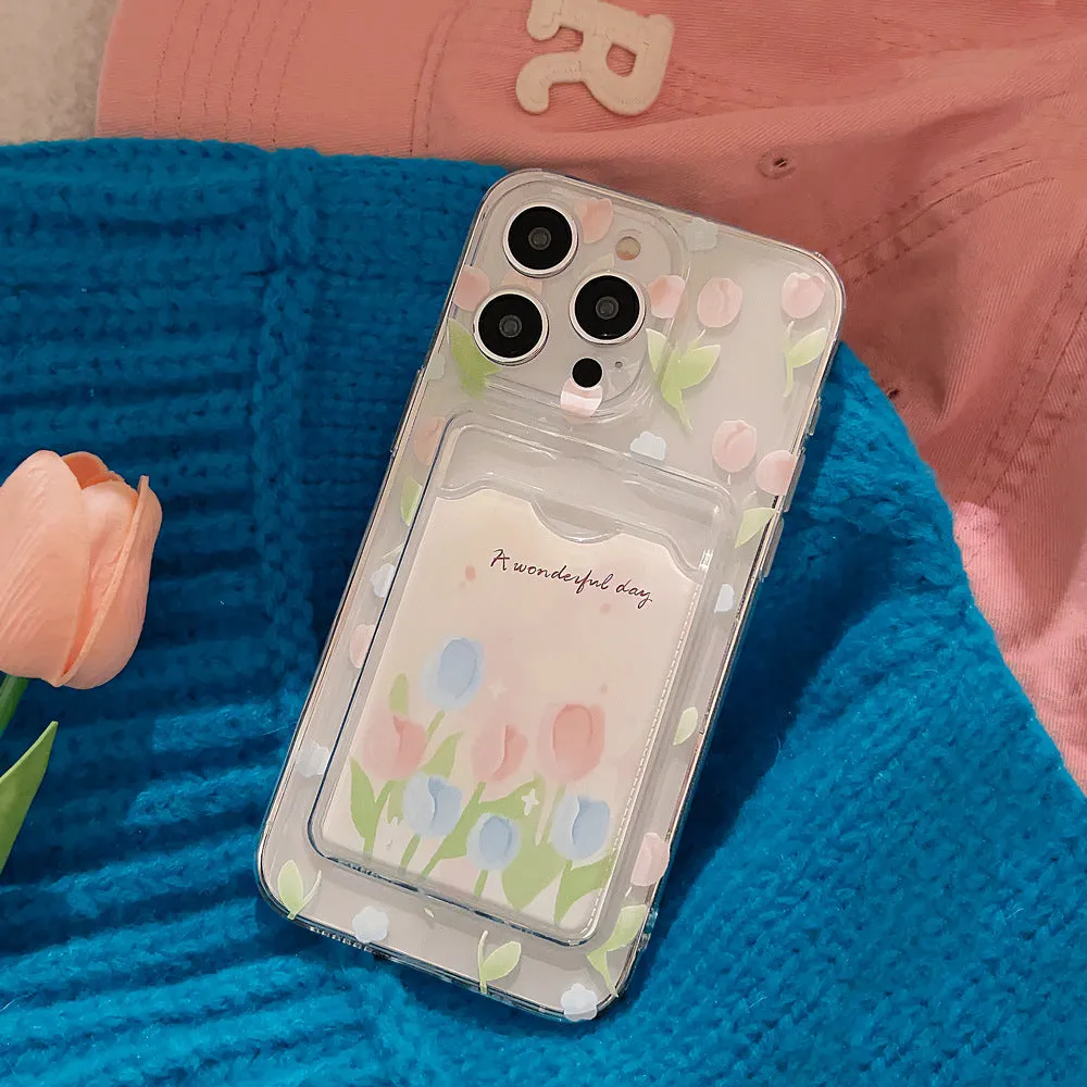 Tulip flower card holder transparent phone case TPU soft shell for iPhone with painted tulip design and ocean star beaded option