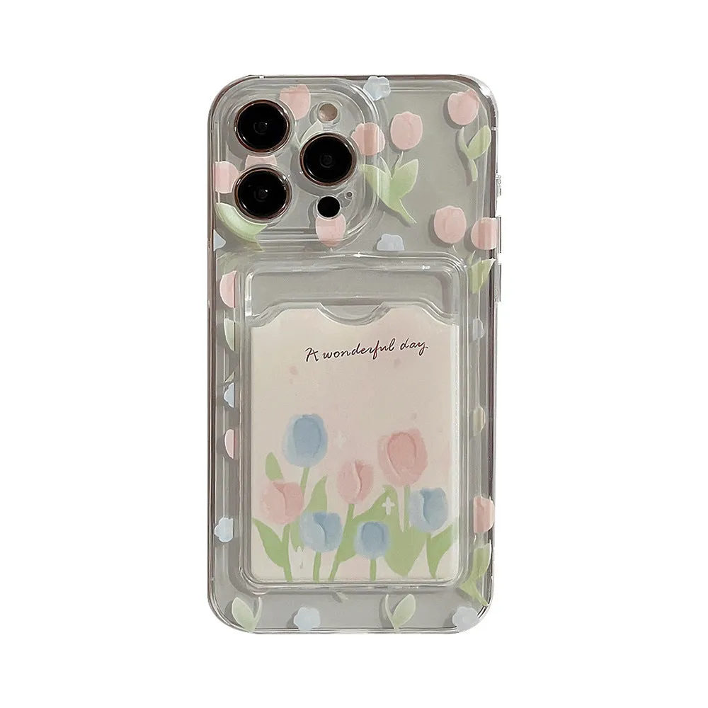 Tulip flower card holder transparent phone case TPU soft shell for iPhone with painted tulip design and ocean star beaded option