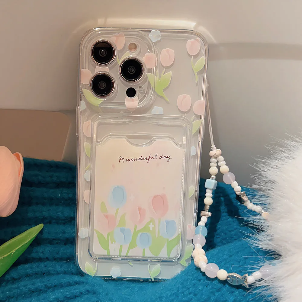 Tulip flower card holder transparent phone case TPU soft shell for iPhone with painted tulip design and ocean star beaded option
