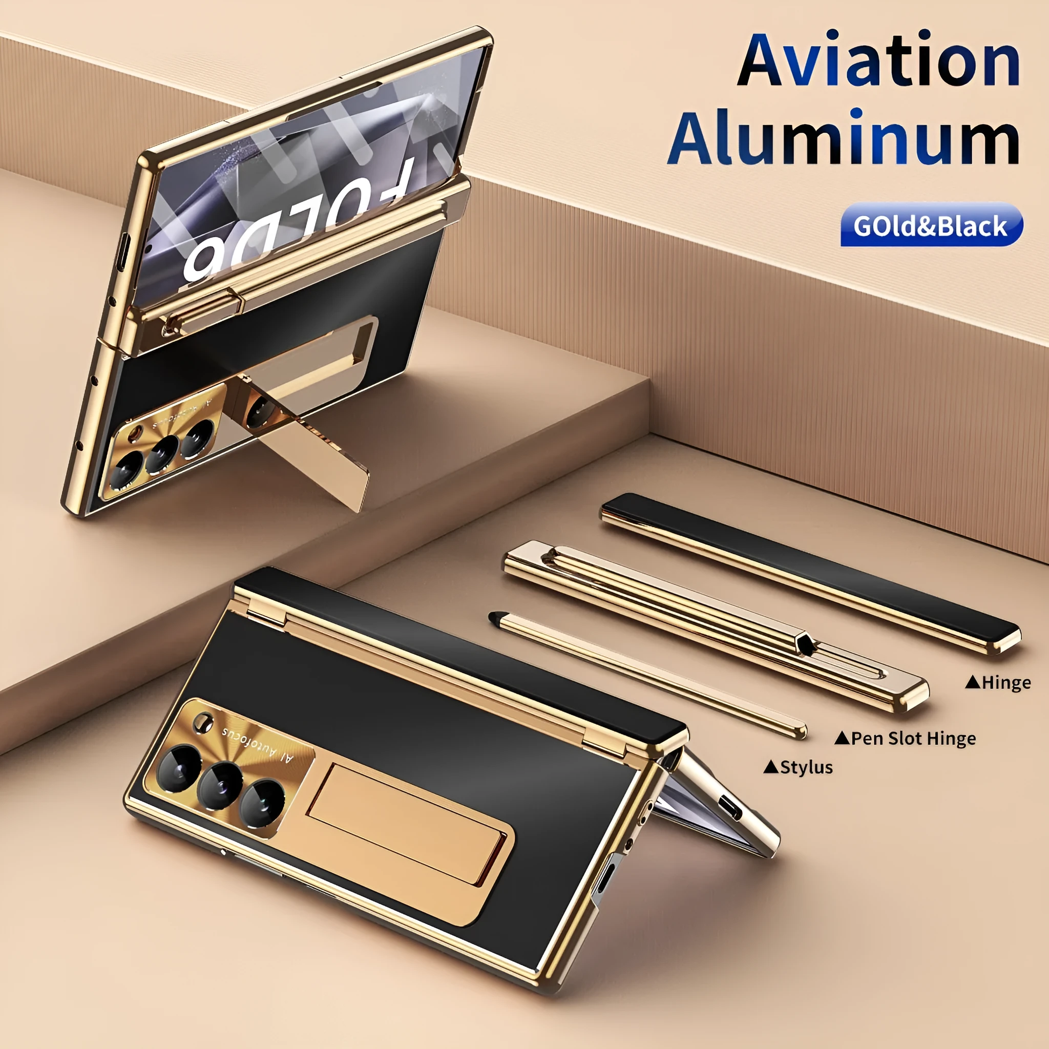 Aluminum alloy flip phone case for Samsung Zfold6 with bracket and magnetic suction, gold helmet black armour colour