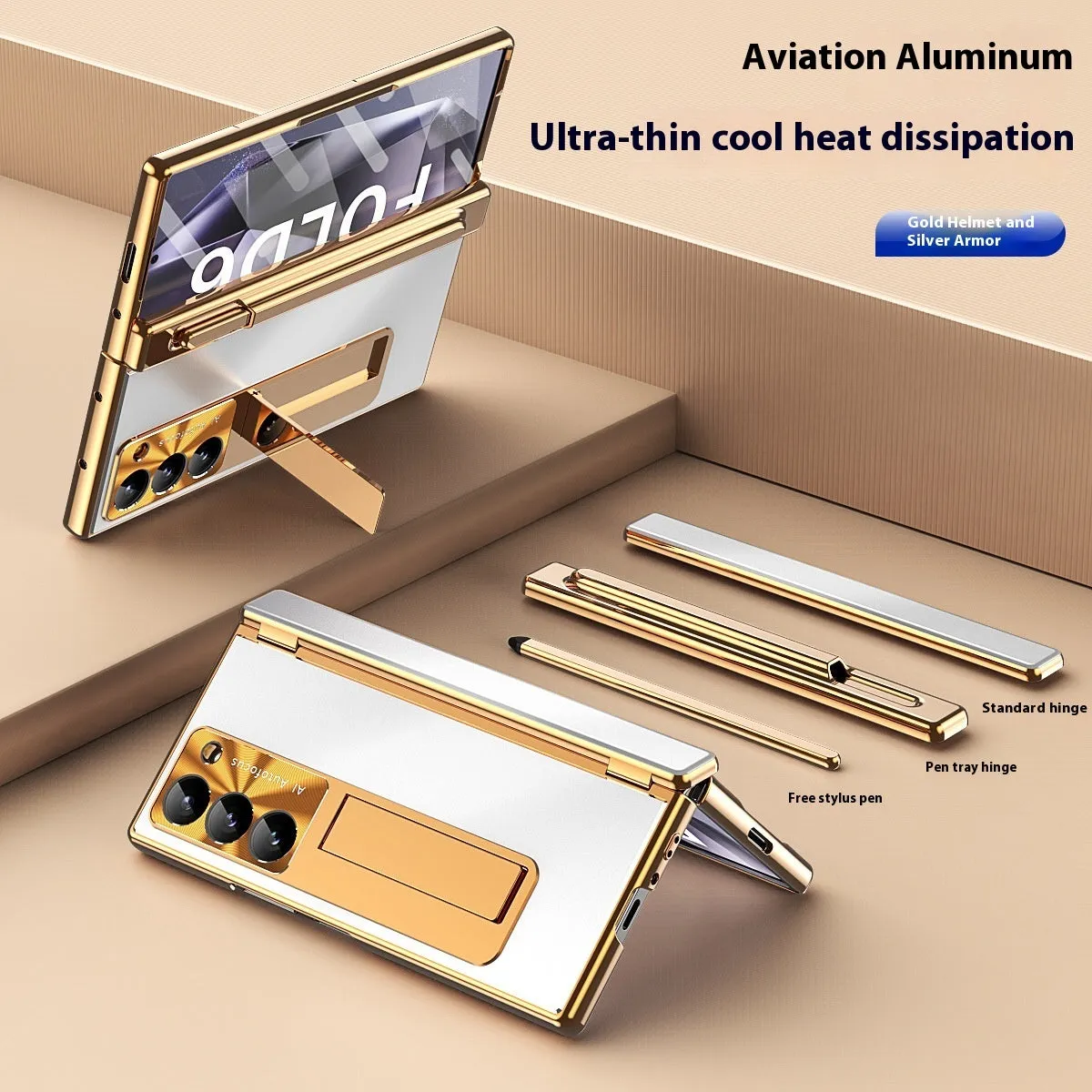 Aluminum alloy flip phone case for Samsung Zfold6 with bracket and magnetic suction, gold helmet black armour colour