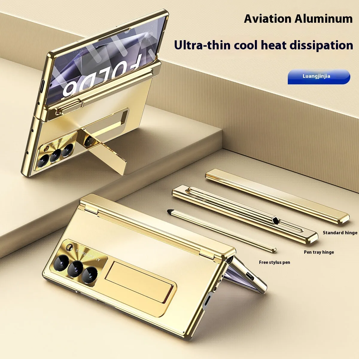 Aluminum alloy flip phone case for Samsung Zfold6 with bracket and magnetic suction, gold helmet black armour colour
