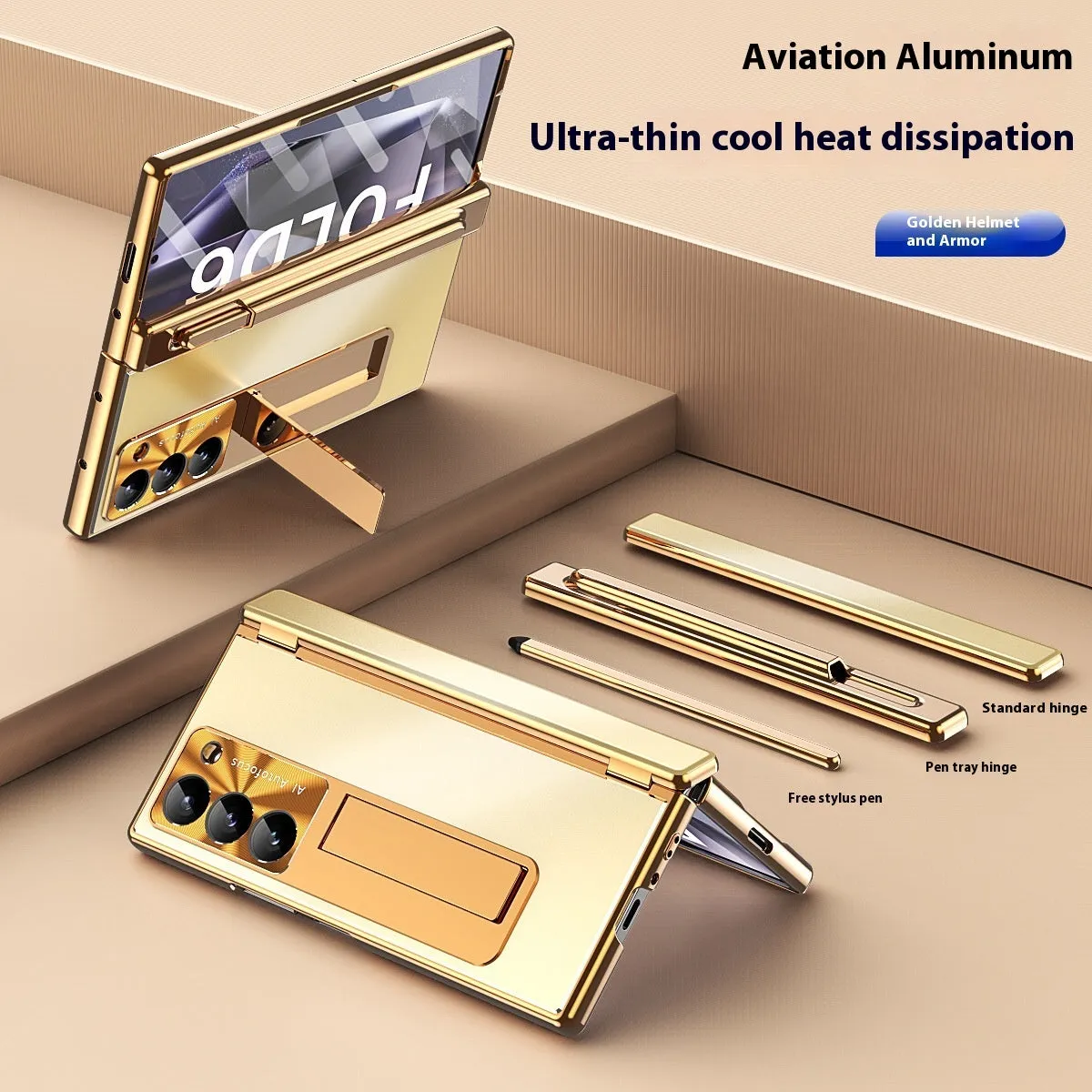 Aluminum alloy flip phone case for Samsung Zfold6 with bracket and magnetic suction, gold helmet black armour colour