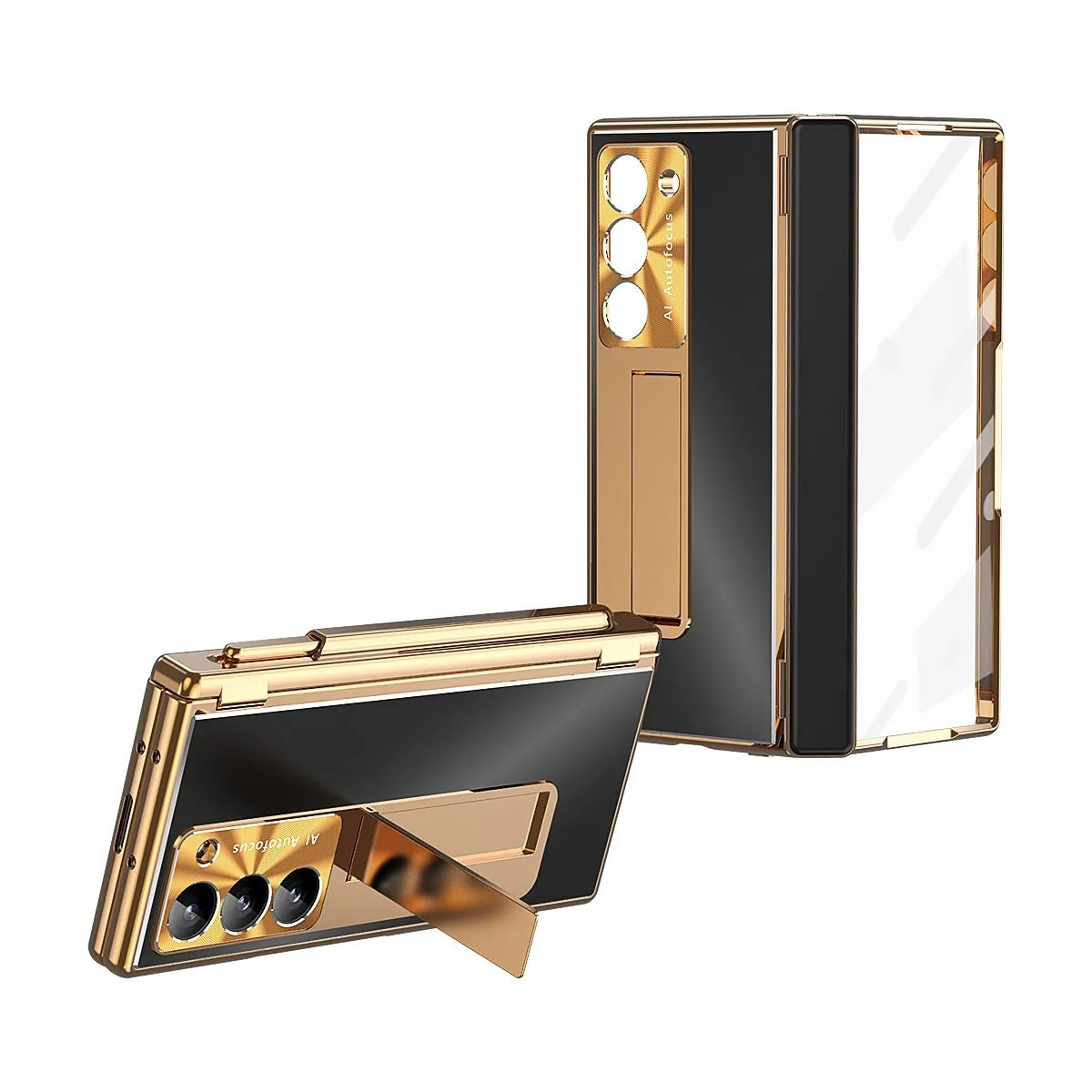 Aluminum alloy flip phone case for Samsung Zfold6 with bracket and magnetic suction, gold helmet black armour colour