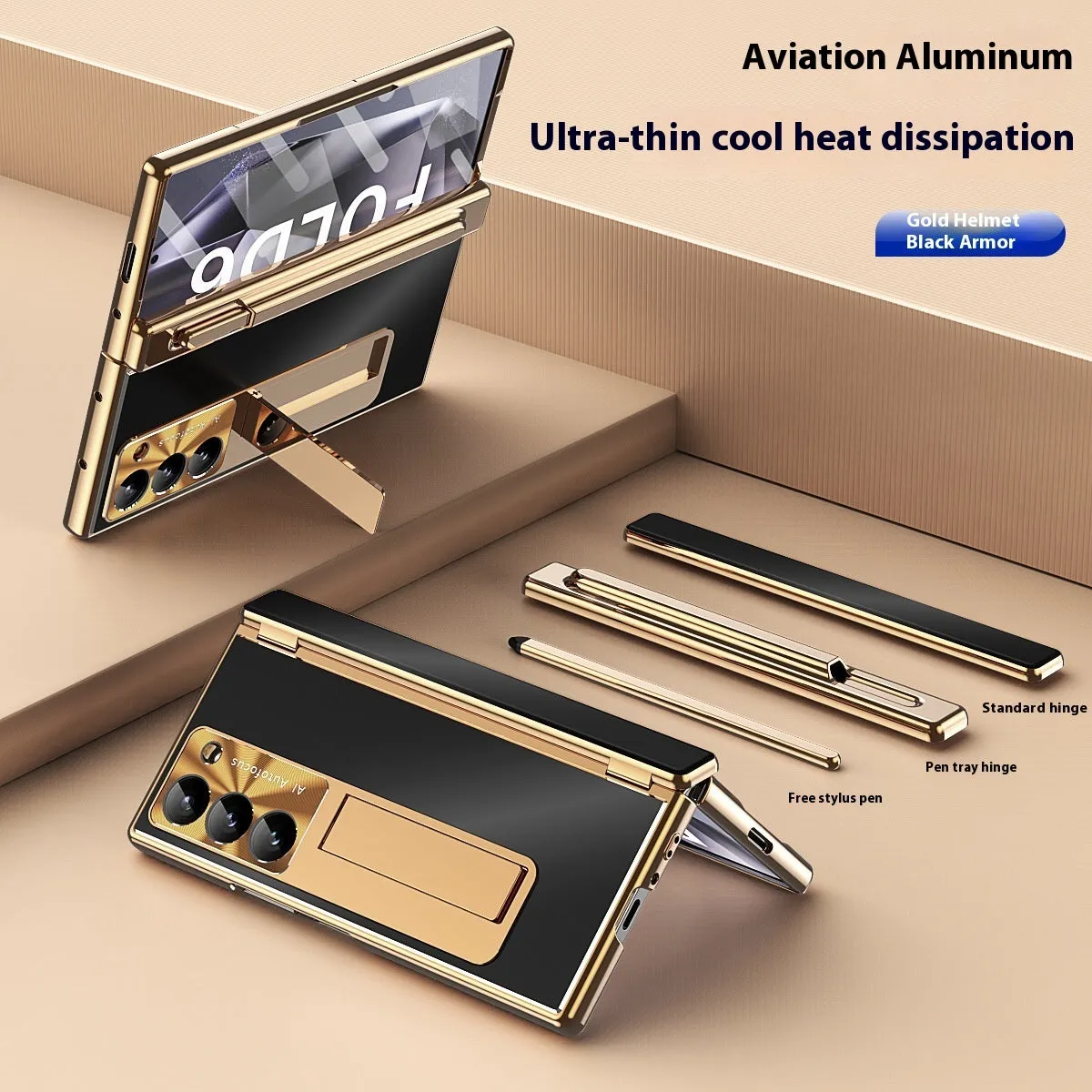 Aluminum alloy flip phone case for Samsung Zfold6 with bracket and magnetic suction, gold helmet black armour colour